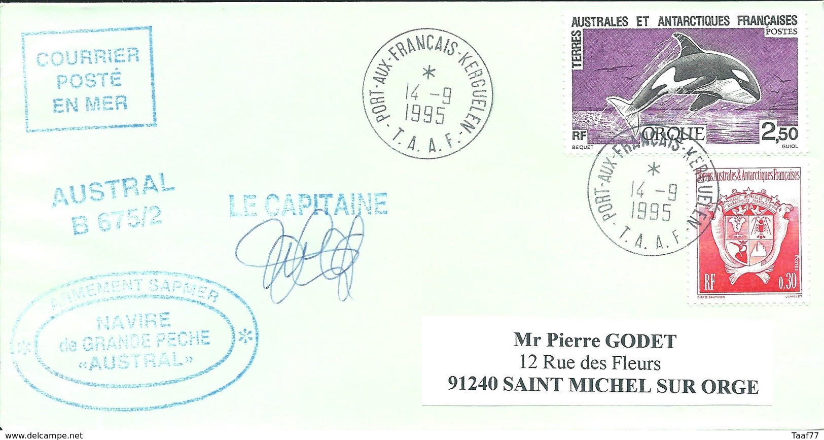 TAAF - Port Aux Français-Kerguelen: Lettre "Austral" Avec Timbres N°172  Armoiries Et N°177 Orque - 14/09/1995 - Lettres & Documents