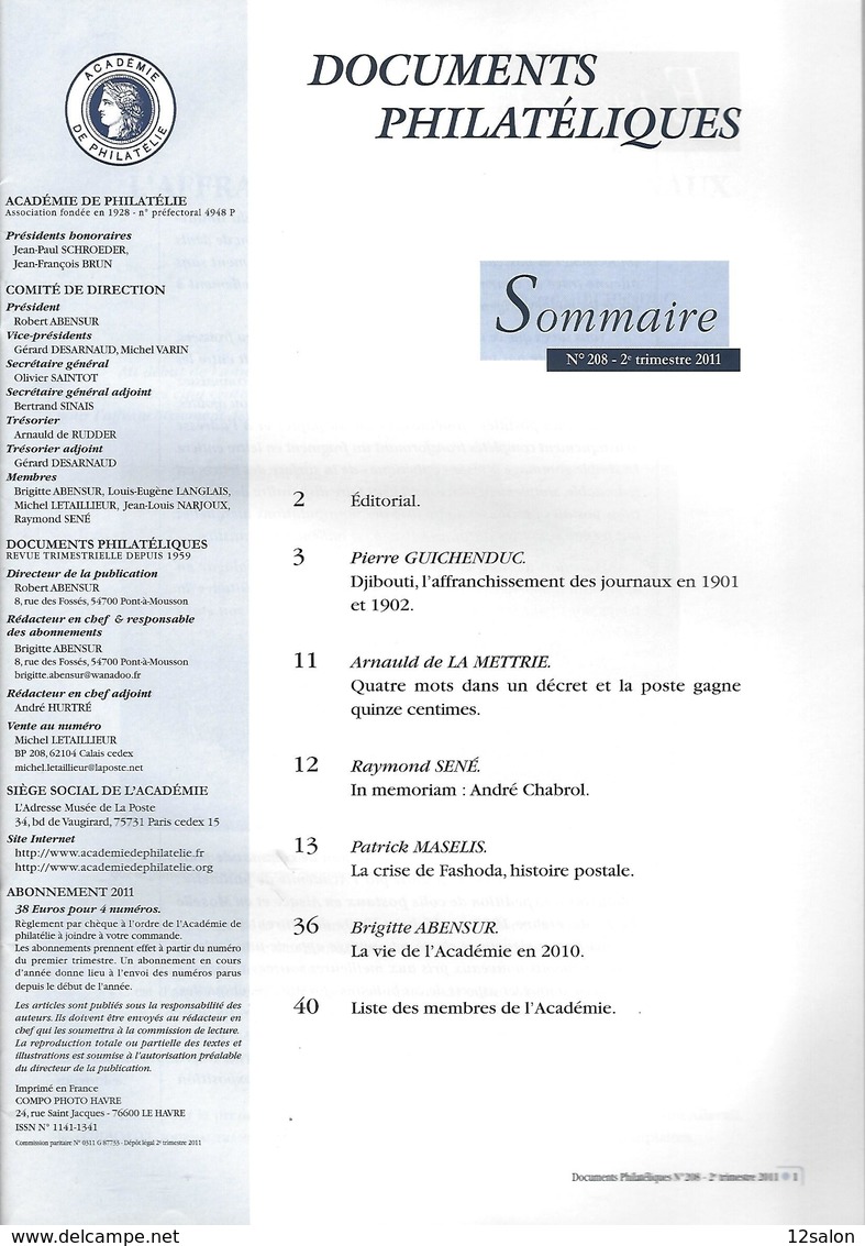 ACADEMIE DE PHILATELIE DOCUMENTS PHILATELIQUES N° 208 + Sommaire - Otros & Sin Clasificación