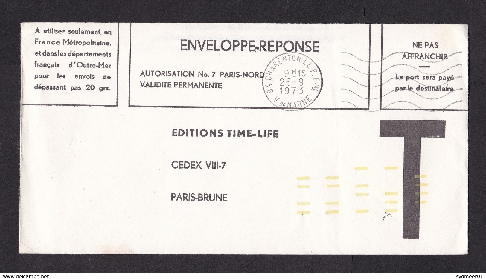France: Postage Free Reply Cover, 1973, T-letter, Yellow Postcode Sorting Code (minor Damage) - Brieven En Documenten