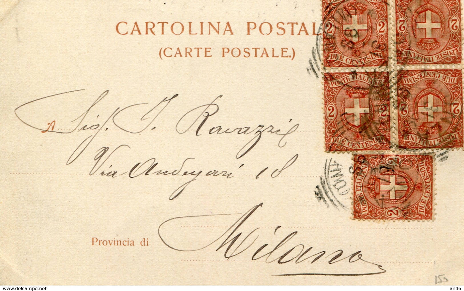 STORIA POSTALE-REGNO D'ITALIA-UMBERTO I-CARTOLINA  AL VERSO CORONA FERREA MONZA-Vg1899-Valori5 Da 2c-VAL.CAT.SAS.-25€-. - Post