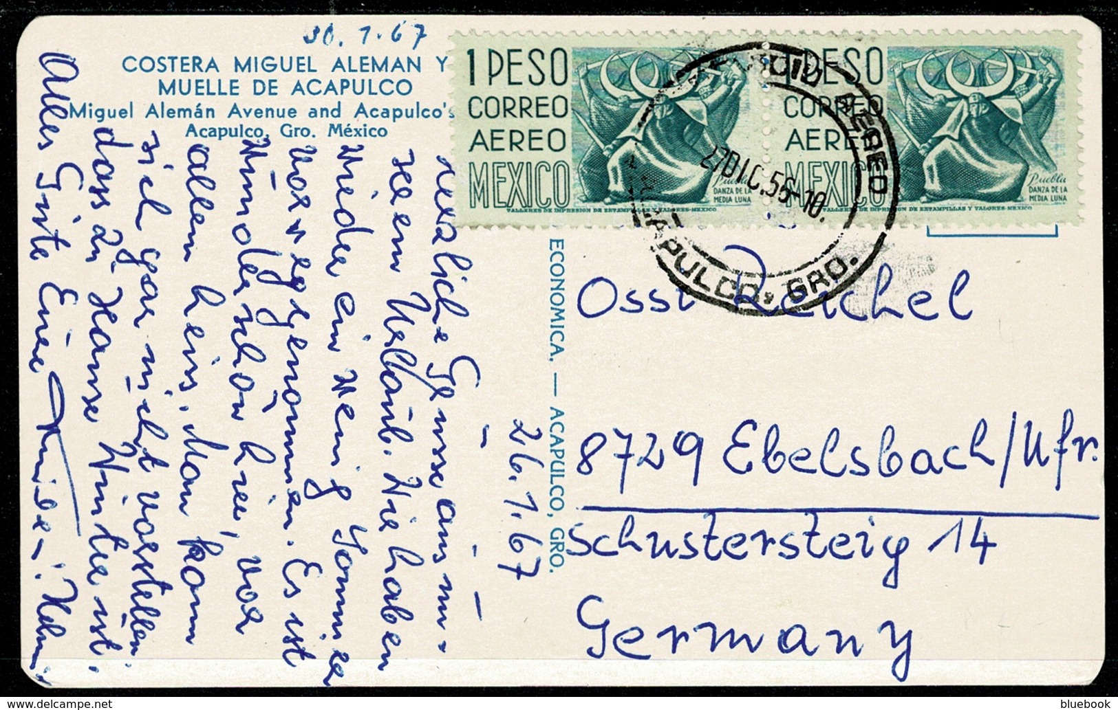 Ref 1287 - 1956 / 1967? Mexico Postcard - Acapulco - 2 Peso Rate To Germany - Mexico