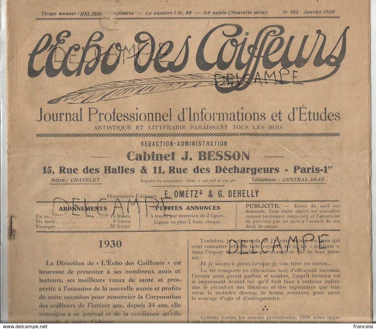 L'écho Des Coiffeurs. N° 103 Janvier 1930 - 1900 - 1949