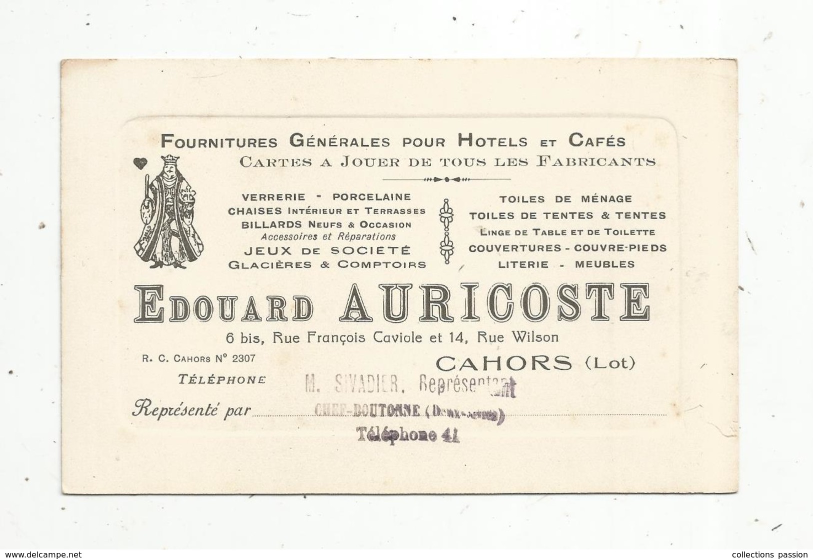 Carte De Visite, Fournitures Pour Cafés- Hotels, E. Auricoste, Cahors ,représentant Sivadier ,Chef Boutonne - Visiting Cards