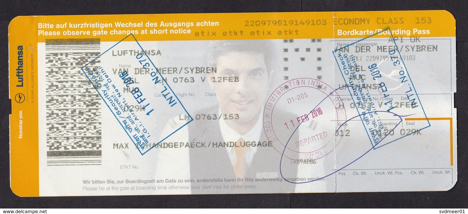 India: Ticket / Boarding Pass, 2016, Lufthansa, Cancel Customs, Immigration, Security (traces Of Use) - Boarding Passes