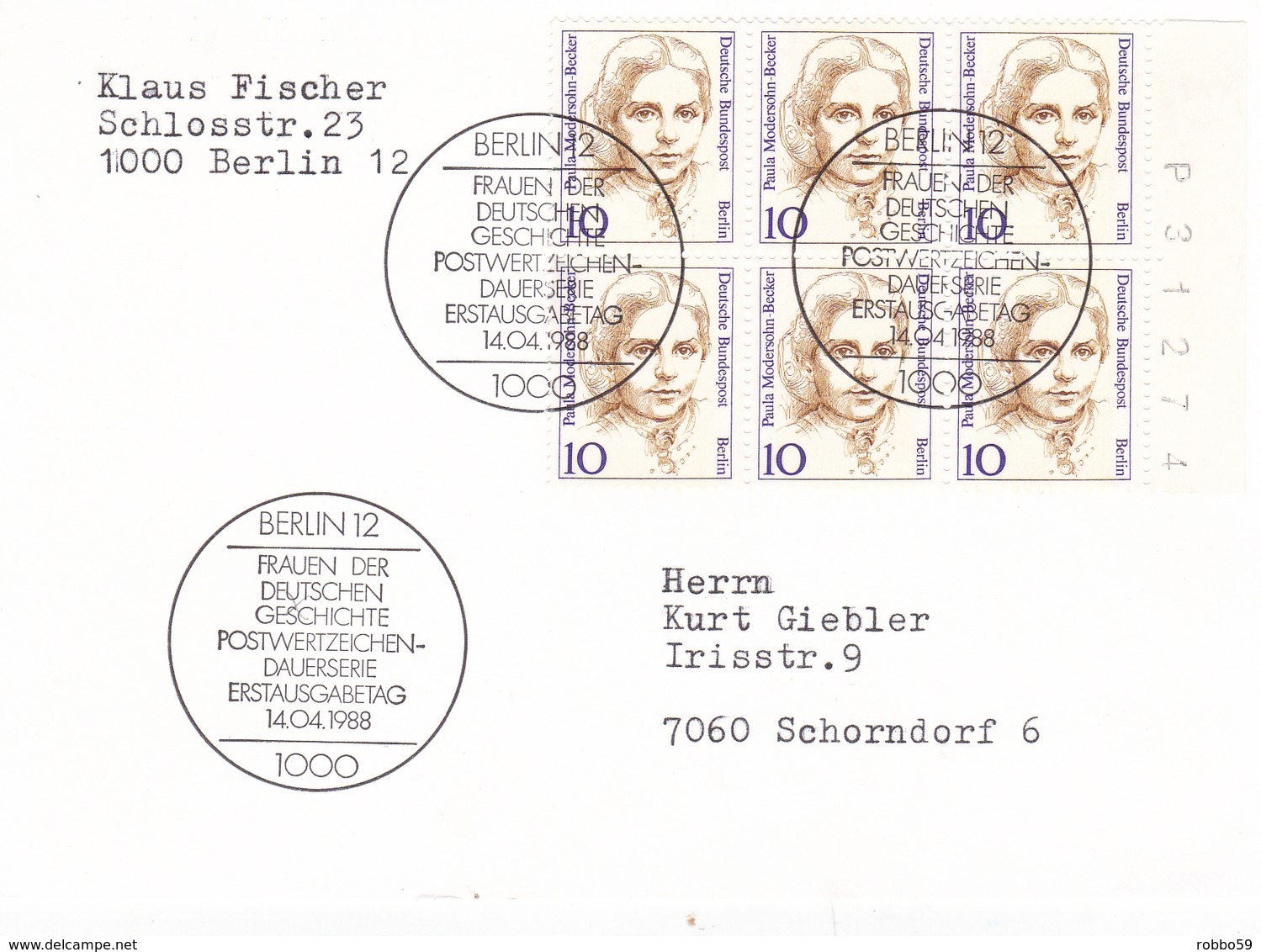 Berlin 1988 Paula Modersohn Becker Postcard Erstausgabetag Block Of 6 - Covers & Documents