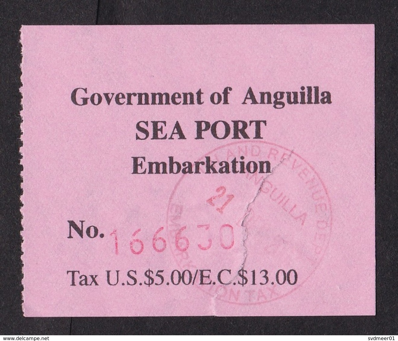 Anguilla: Label With Cancel Embarkation Tax, 2007, Revenue Dept., Sea Port, Entrance By Ship (control Tear) - Anguilla (1968-...)