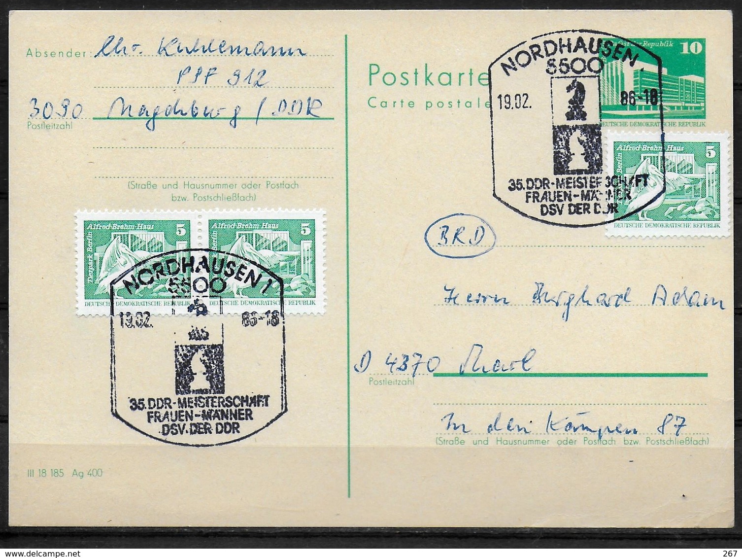 DDR  Carte 1986 Nordhausen    Echecs - Schaken