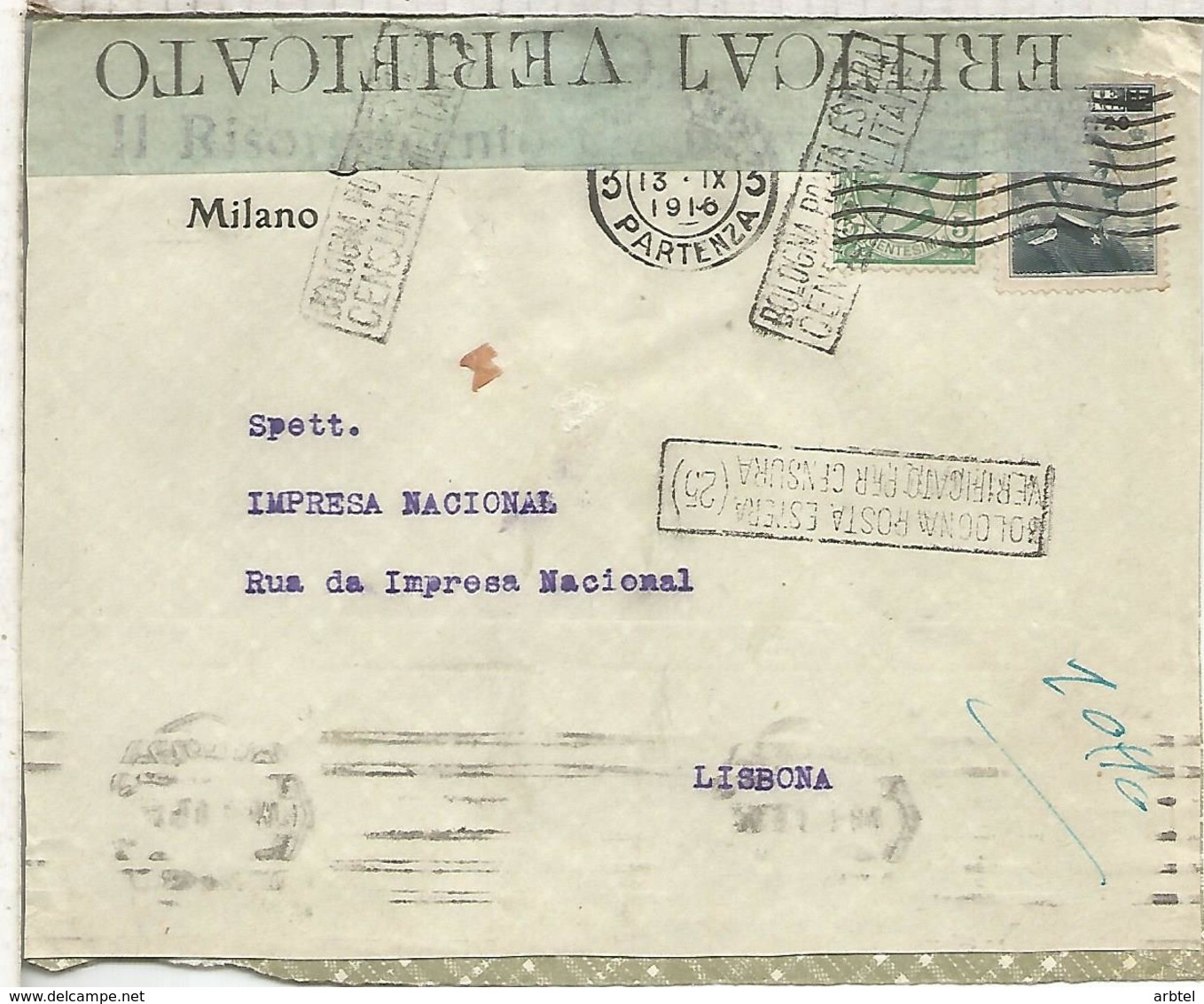 ITALIA MILANO 1916 CC A PORTUGAL CON MARCAS Y CIERRE DE CENSURA AL DORSO LLEGADA - Marcofilía