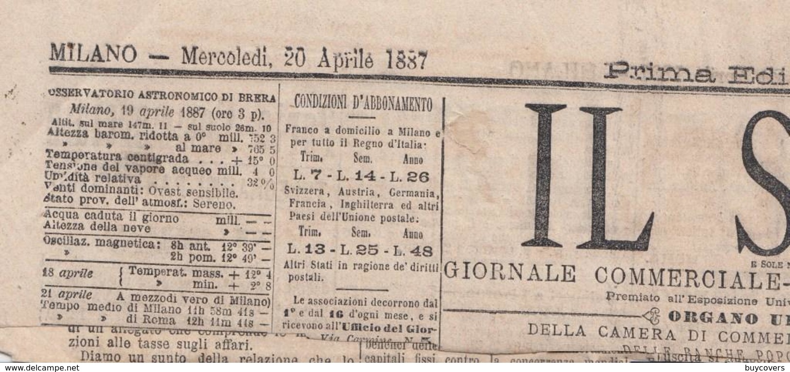 PRE400- Frontespizio Del Giornale "IL SOLE" Del 20 Aprile 1887 Spedito Da Milano A Trento Con 2 Kr. Rosa. - Covers & Documents