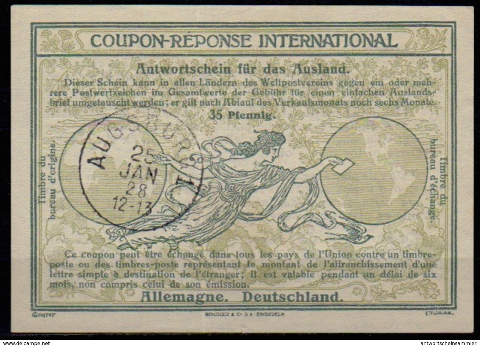 DEUTSCHLAND / GERMANY Ro8  35 Pfennig. Intern. Reply Coupon Reponse IRC IAS Antwortschein O AUGSBURG 25.01.28  ( Mi. 9 ) - Autres & Non Classés