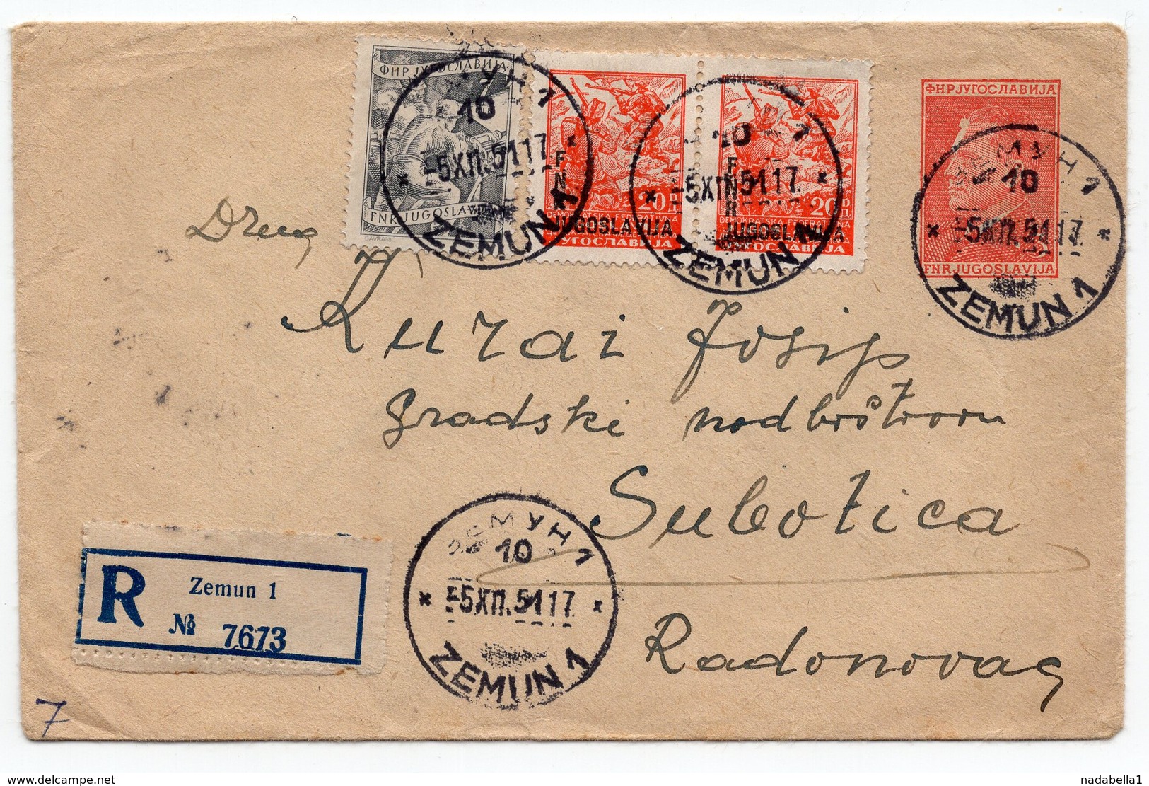 1951 YUGOSLAVIA, SERBIA, TITO, STATIONARY, REGISTERED COVER TO SUBOTICA - Covers & Documents