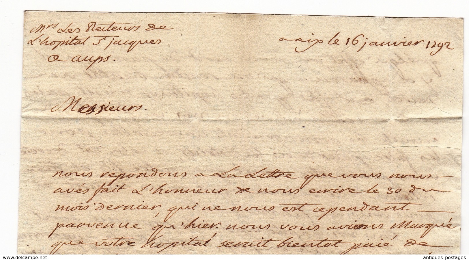 Lettre 1792 Aix En Provence Bouches Du Rhône Révolution Française  Hôpital Saint Jacques Aups Var - 1701-1800: Précurseurs XVIII