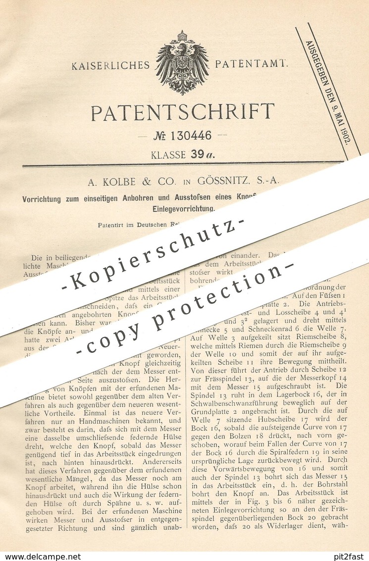 Original Patent - A. Kolbe & Co. , Gössnitz , 1901 , Knopf - Herstellung | Knöpfe | Schneider , Schneiderei , Mode !!! - Historische Dokumente