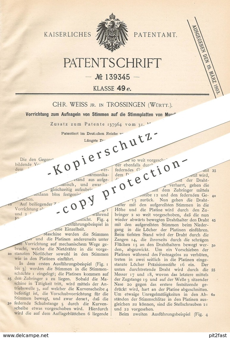 Original Patent - Chr. Weiss , Trossingen , 1901 , Stimmplatten Der Mundharmonika | Harmonika | Musik , Musikinstrument - Documents Historiques