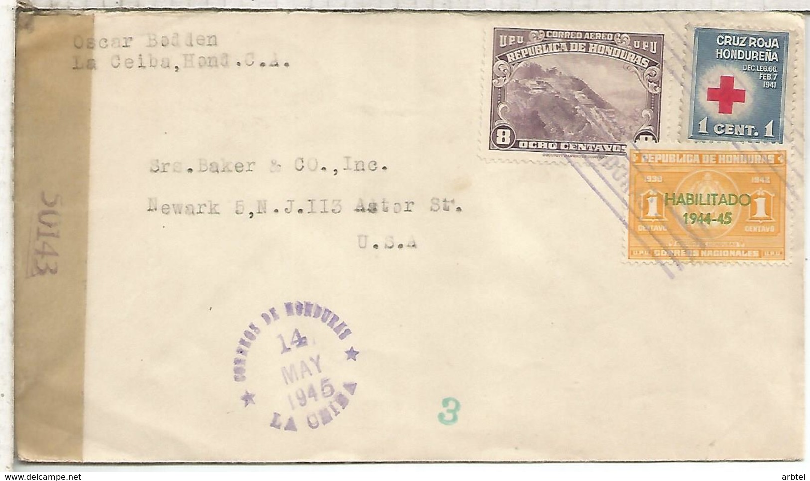 HONDURAS 1945 LA CEIBA A USA CENSURA CRUZ ROJA RED CROSS - Honduras