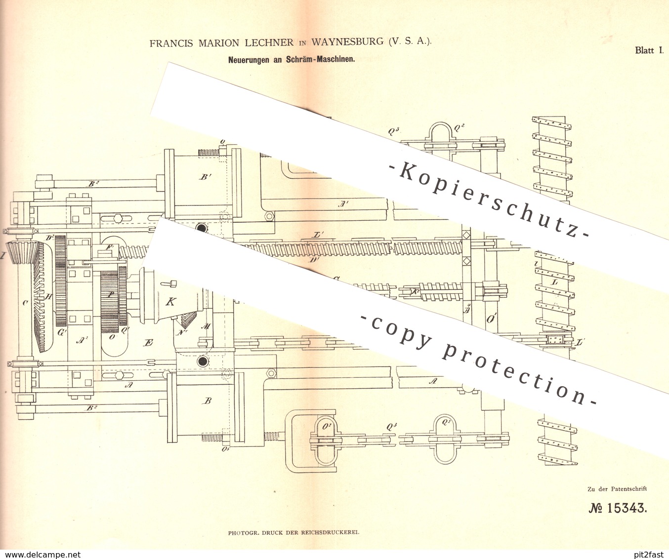 Original Patent - Francis Marion Lechner , Waynesburg , USA , 1881 , Schrämmaschine | Bergbau | Bergwerk | Werkzeug - Historische Dokumente