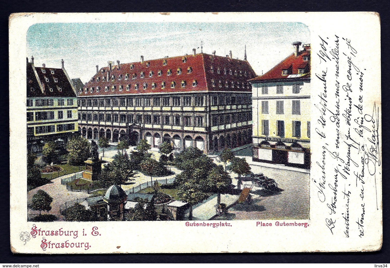 CPA ALSACE-LORRAINE OCCUPÉE- STRASSBURG- PLACE GUTEMBERG EN 1900 COLORISÉE- 2 SCANS - Lettres & Documents