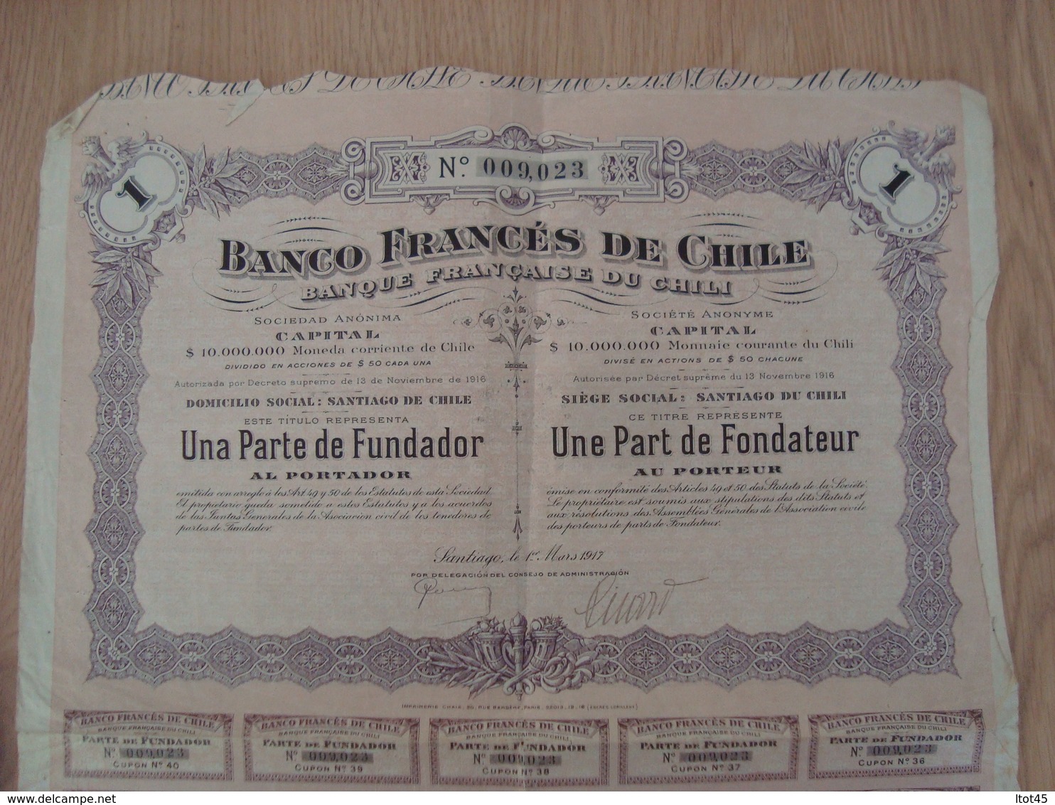 ACTION BANQUE FRANCAISE DU CHILI  50 $ 1917 - Banque & Assurance