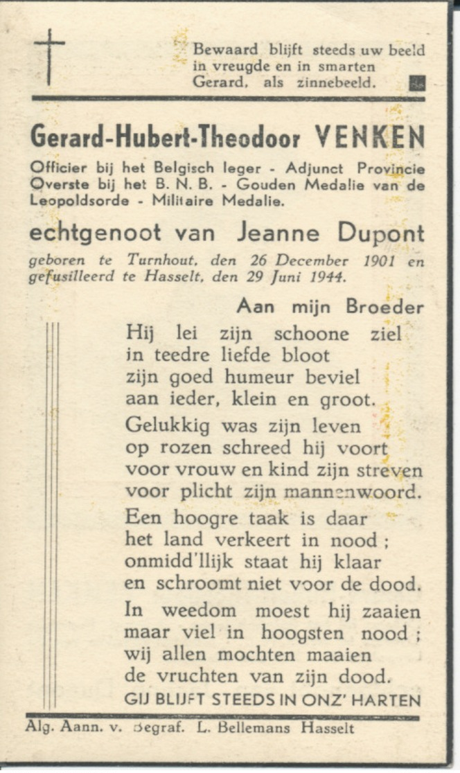 DP Oorlog - WOII - Officier Gerard Hubert Theodoor VENKEN ° Turnhout 1901 Gefusilleerd Hasselt 29/6/1944 - Religion & Esotérisme