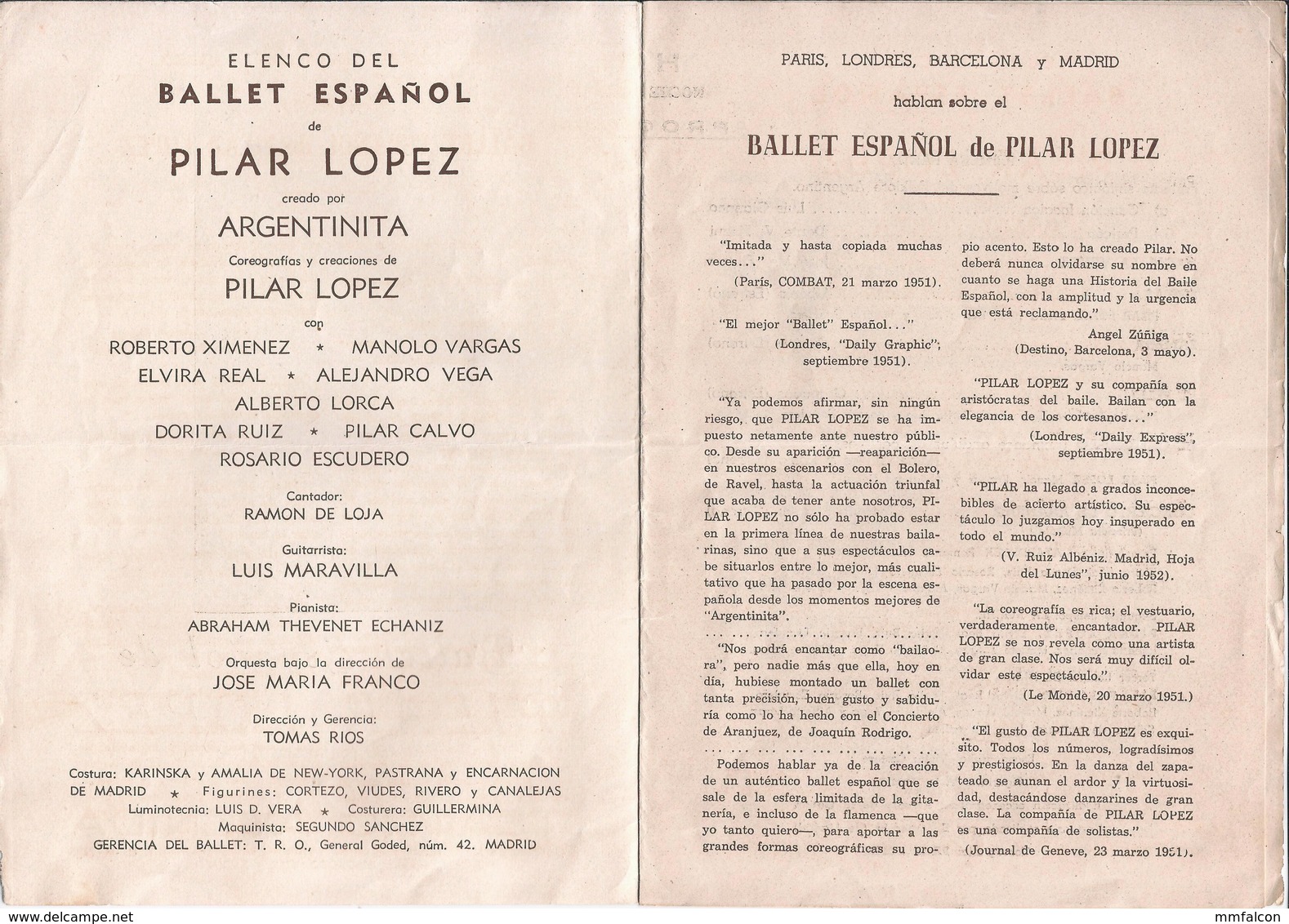 X1352 - FLAMENCO - Ballet Español De PILAR LOPEZ - Programa 1950' - Programas