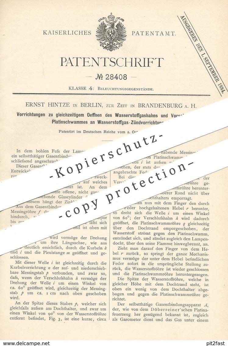 Original Patent - Ernst Hintze , Berlin / Brandenburg / Havel , 1883 , Wasserstoffgas - Zünder | Brenner | Lampe , Licht - Historische Dokumente