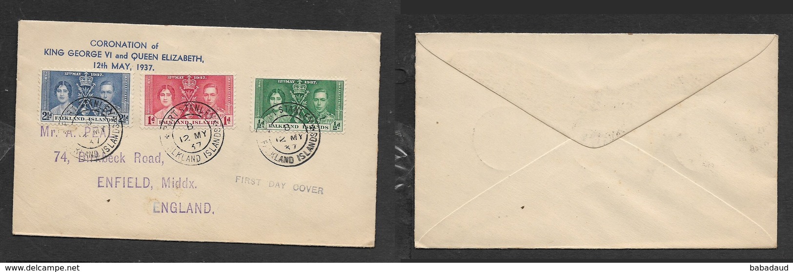FALKLAND ISLANDS George VI Coronation  First Day Cover, Registered PORT STANLEY  12 MAY 37 > England - Falkland Islands