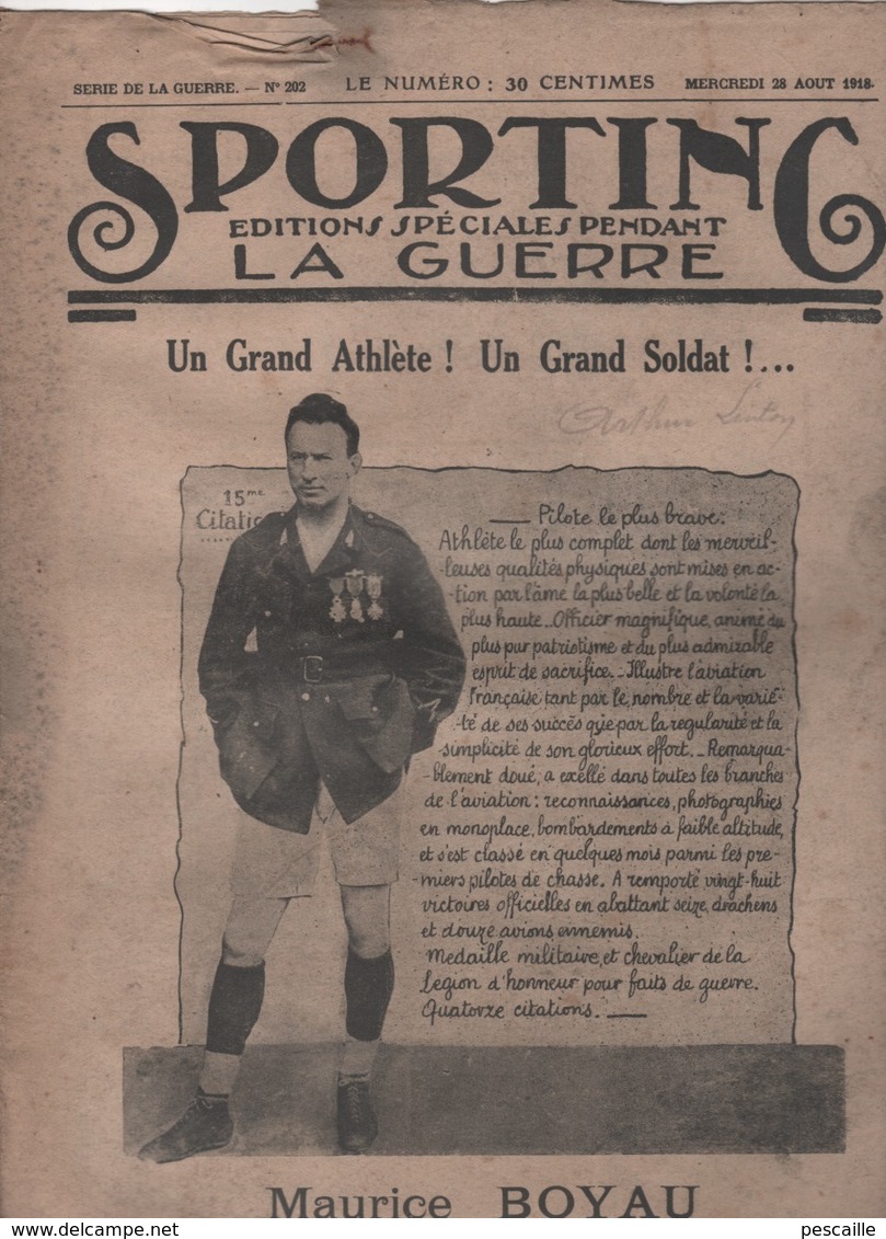 SPORTING EDITIONS SPECIALES PENDANT LA GUERRE 28 08 1918 - MAURICE BOYAU - AVIATION - LA GRIPPE - ATHLETISME MILITAIRE - 1900 - 1949