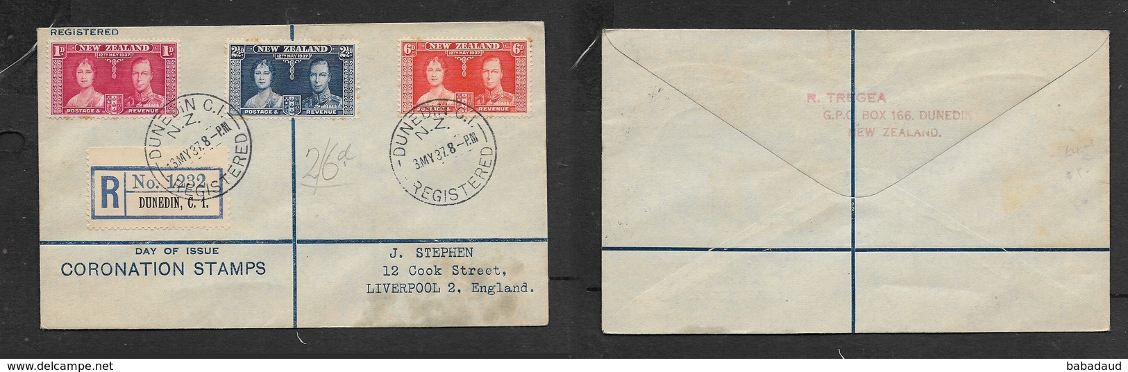 New Zealand,   George VI Coronation First Day Cover, DUNEDIN 13 MAY 37  > S.Africa, - FDC