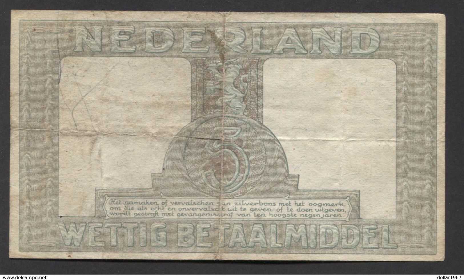 Netherlands 5 Gulden 1944. - Serrie BB - No 192875 - See The 2 Scans For Condition.(Originalscan ) - 5 Gulden