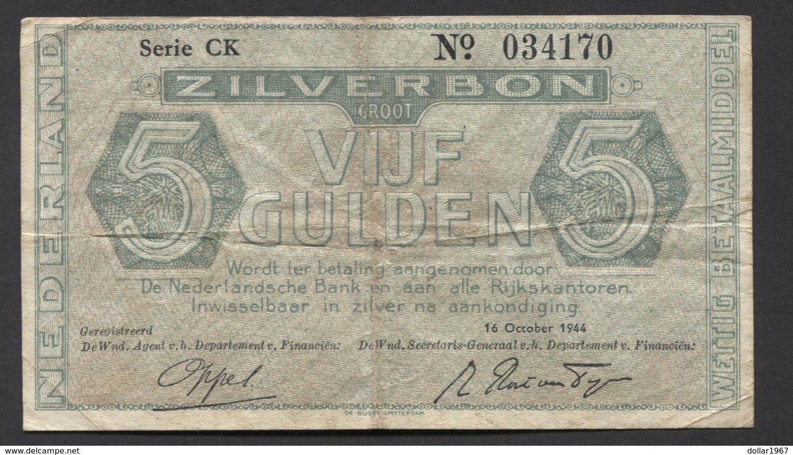 Netherlands 5 Gulden 1944. - Serrie CK - No 034170 - See The 2 Scans For Condition.(Originalscan ) - 5 Gulden