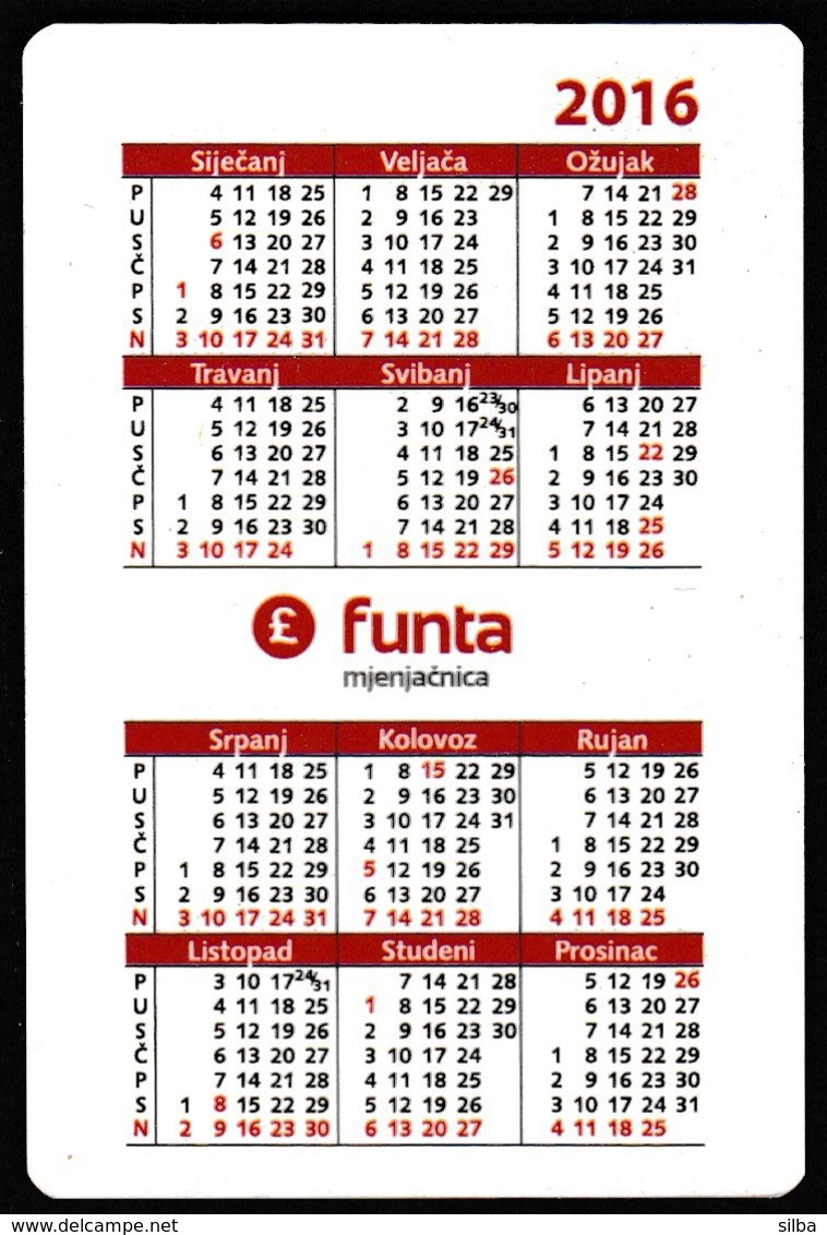 Pocket Calendar / Croatia 2016 / Currency Exchange Office Funta, Pound / Merry Christmas And Happy New Year - Small : 2001-...