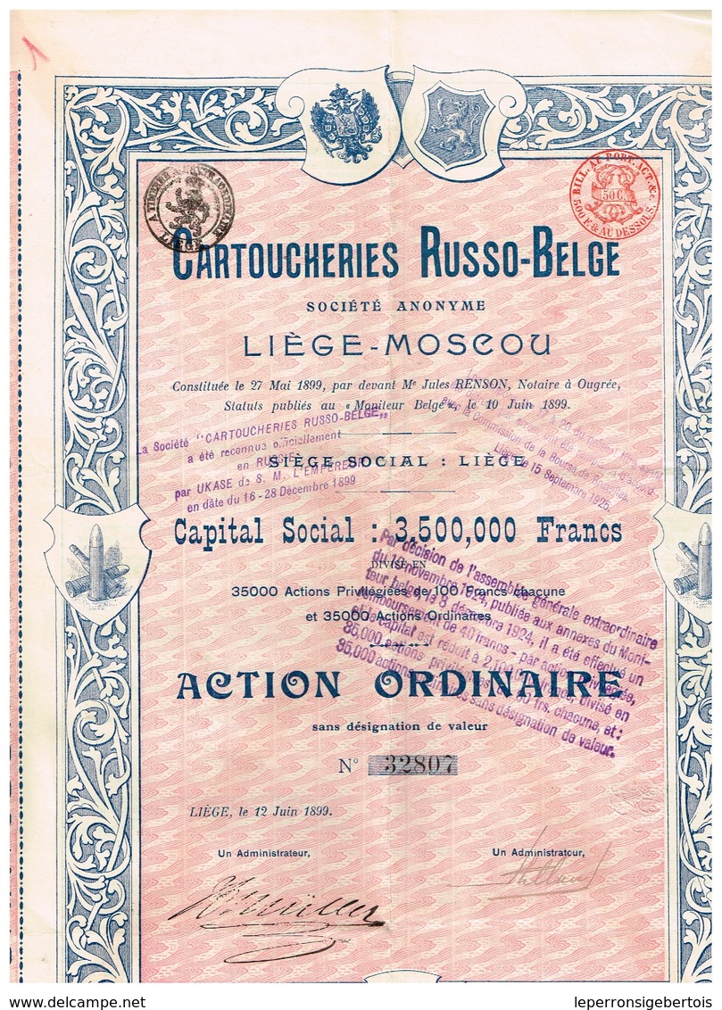 Action Russe - Cartoucheries Russo-Belge Société Anonyme - Liège - Moscou - Titre De 1899 - Russie