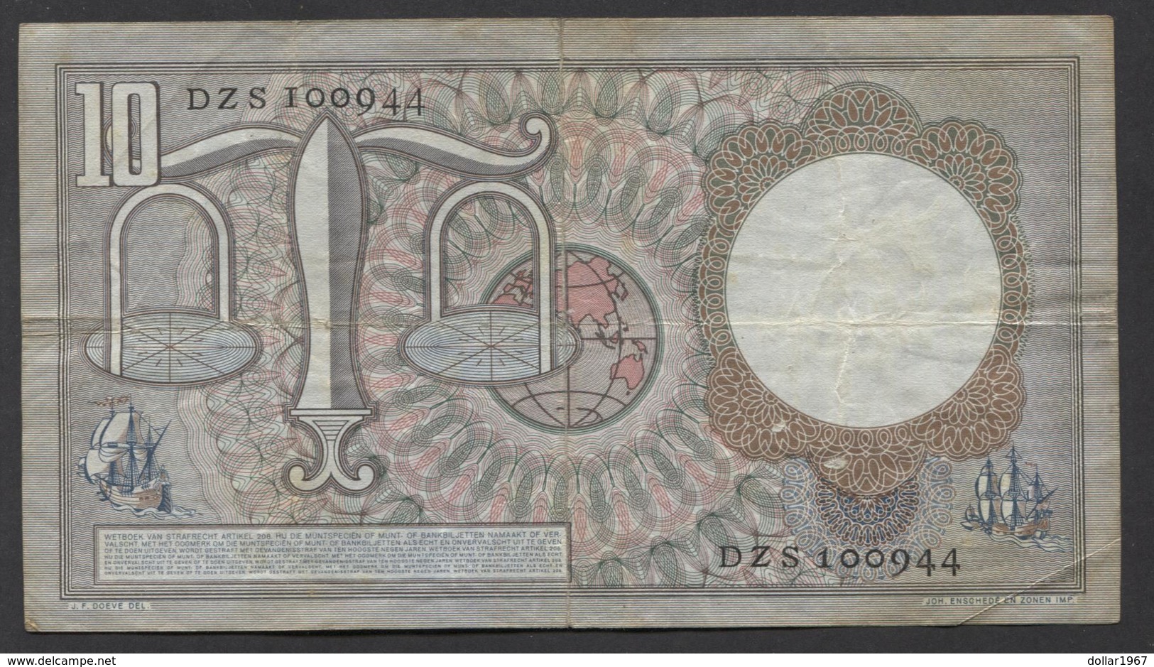 Netherlands 10 Gulden, 1953 Replacement DZS 100944 - See The 2 Scans For Condition.(Originalscan ) - 10 Florín Holandés (gulden)