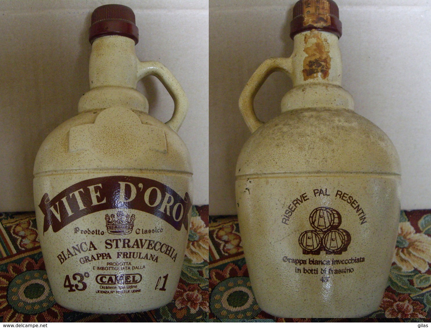 Bottiglia Grappa Stravecchia Vite D'Oro In Ceramica, 1 Litro, Periodo Anni 70 - Alcoolici