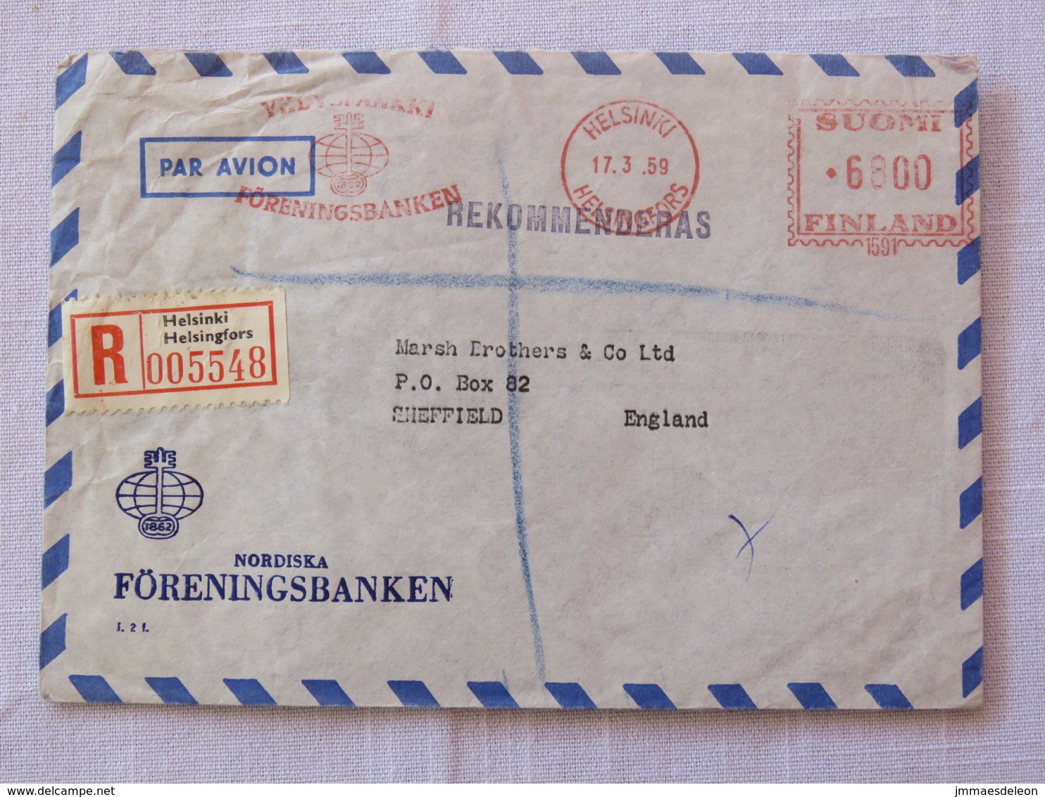 Finland 1959 Registered Cover Helsinki To England - Machine Franking - Covers & Documents