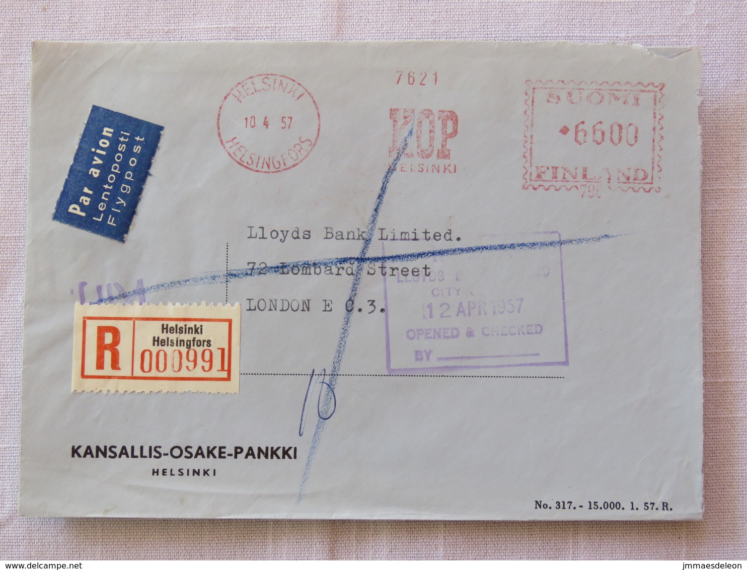 Finland 1957 Registered Cover Helsinki To England - Machine Franking - Wax Seal On Back - Covers & Documents