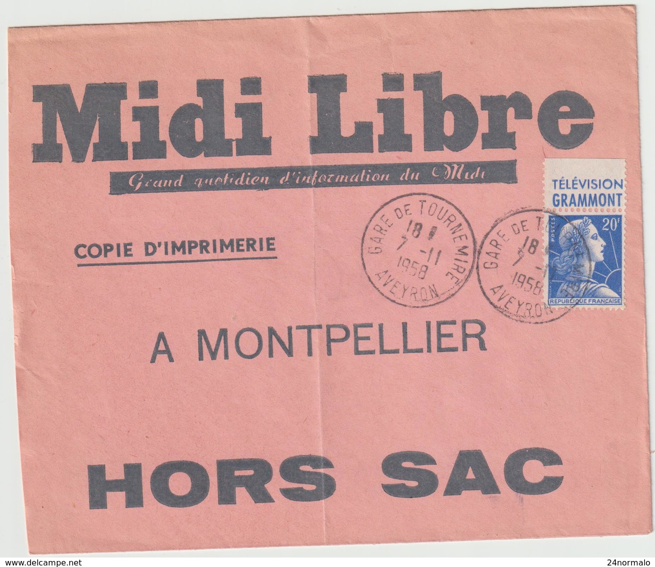 ESC Hors Sac Copie D'Imprimerie 20F Muller Pub O. Gare De Tournemire Aveyron 1958 - 1921-1960: Période Moderne