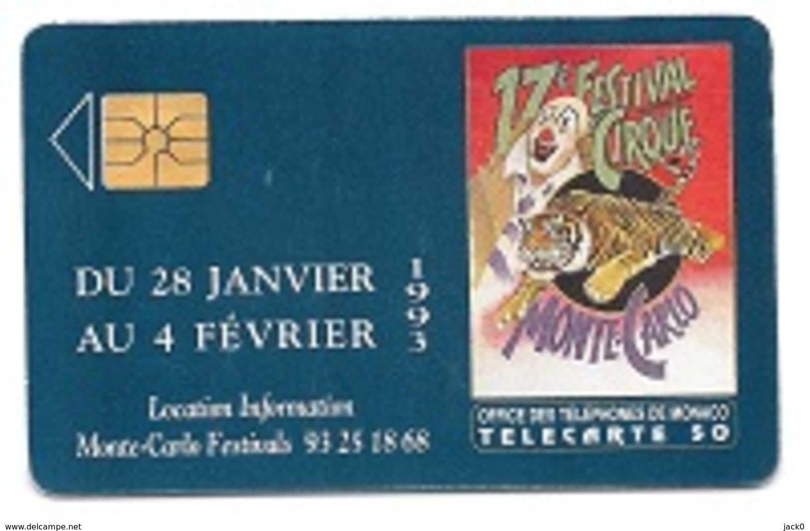 Télécarte  Ville MONACO, 17 è Festival Du Cirque, M F 25, 50 U, 12 - 92, 100 000 Ex - Monaco