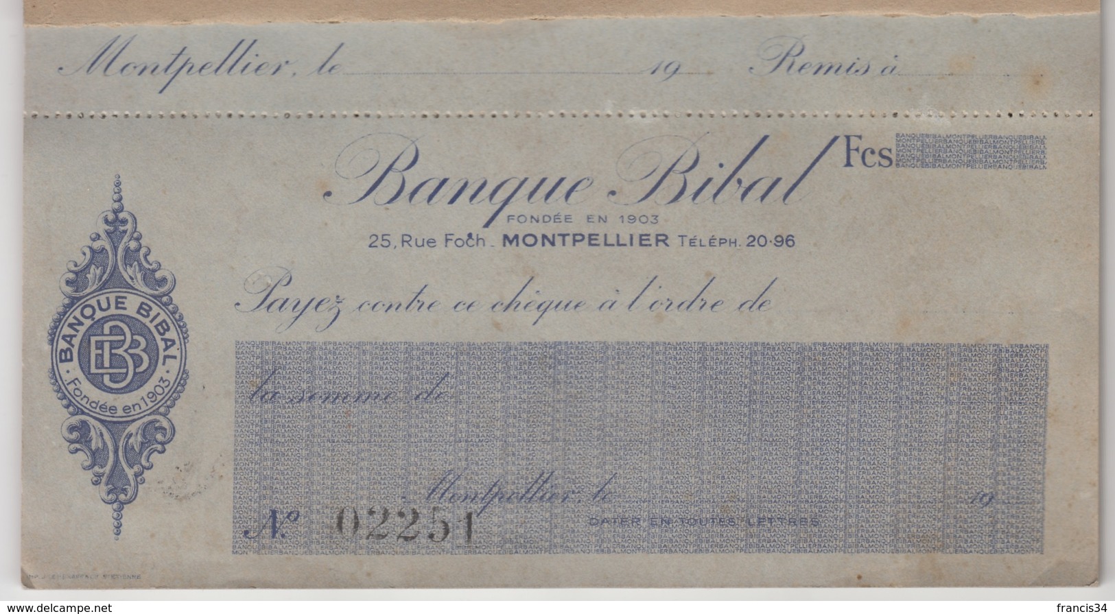 Carnet De Chèques De La Banque Bibal à Montpellier ( Fondée En 1903 ) - Carnet Complet De 14 Chèques - Cheques & Traveler's Cheques