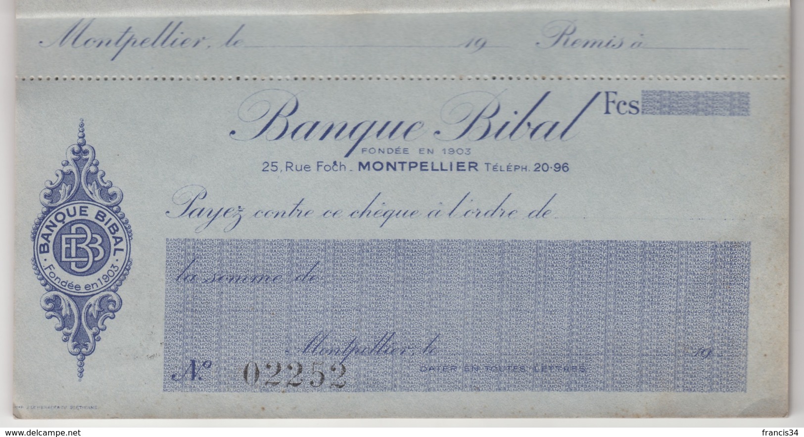 Carnet De Chèques De La Banque Bibal à Montpellier ( Fondée En 1903 ) - Carnet Complet De 14 Chèques - Chèques & Chèques De Voyage
