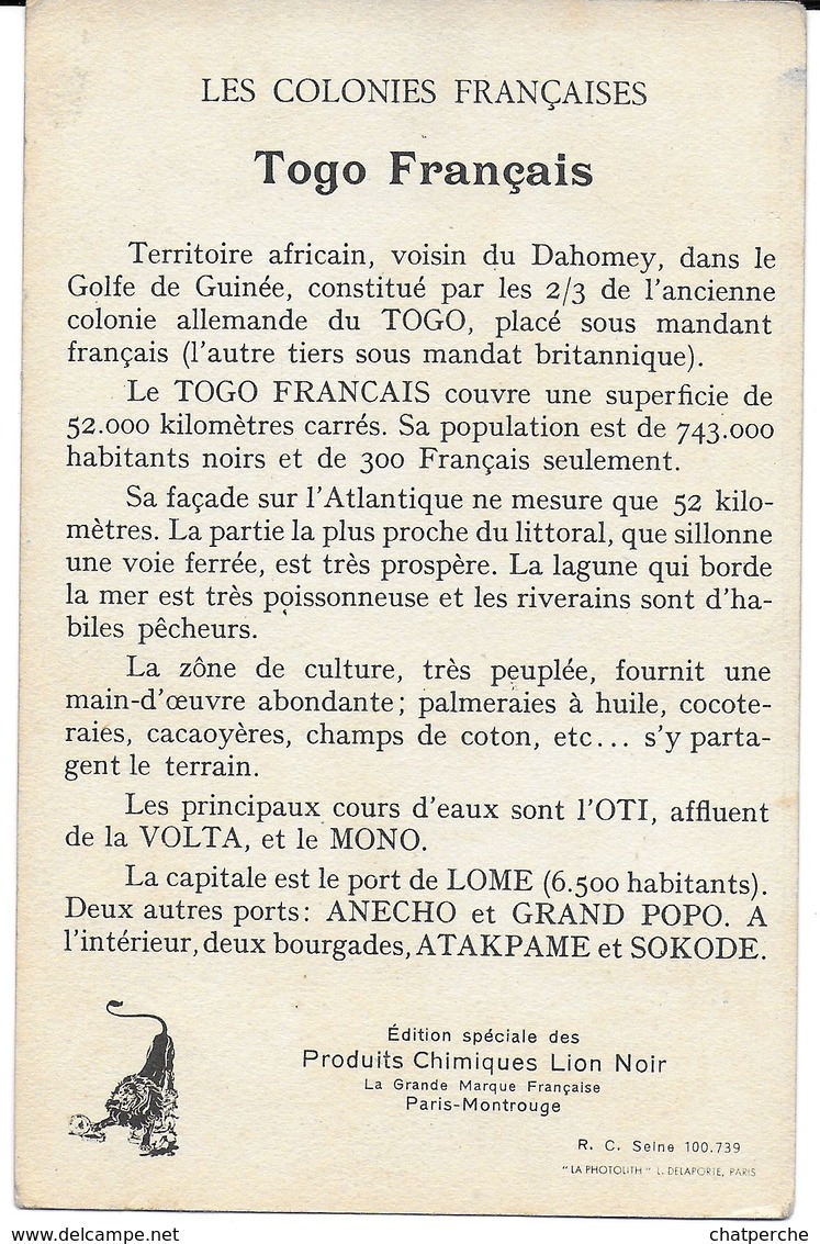 CHROMO LES COLONIES FRANÇAISES TOGO FRANÇAIS PUBLICITÉ LION NOIR - Other & Unclassified