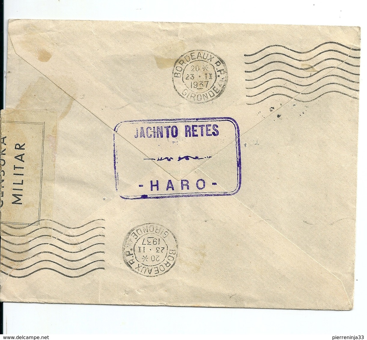 Lettre Espagne-France Avec Censure Militaire Haro, 1937 - Storia Postale