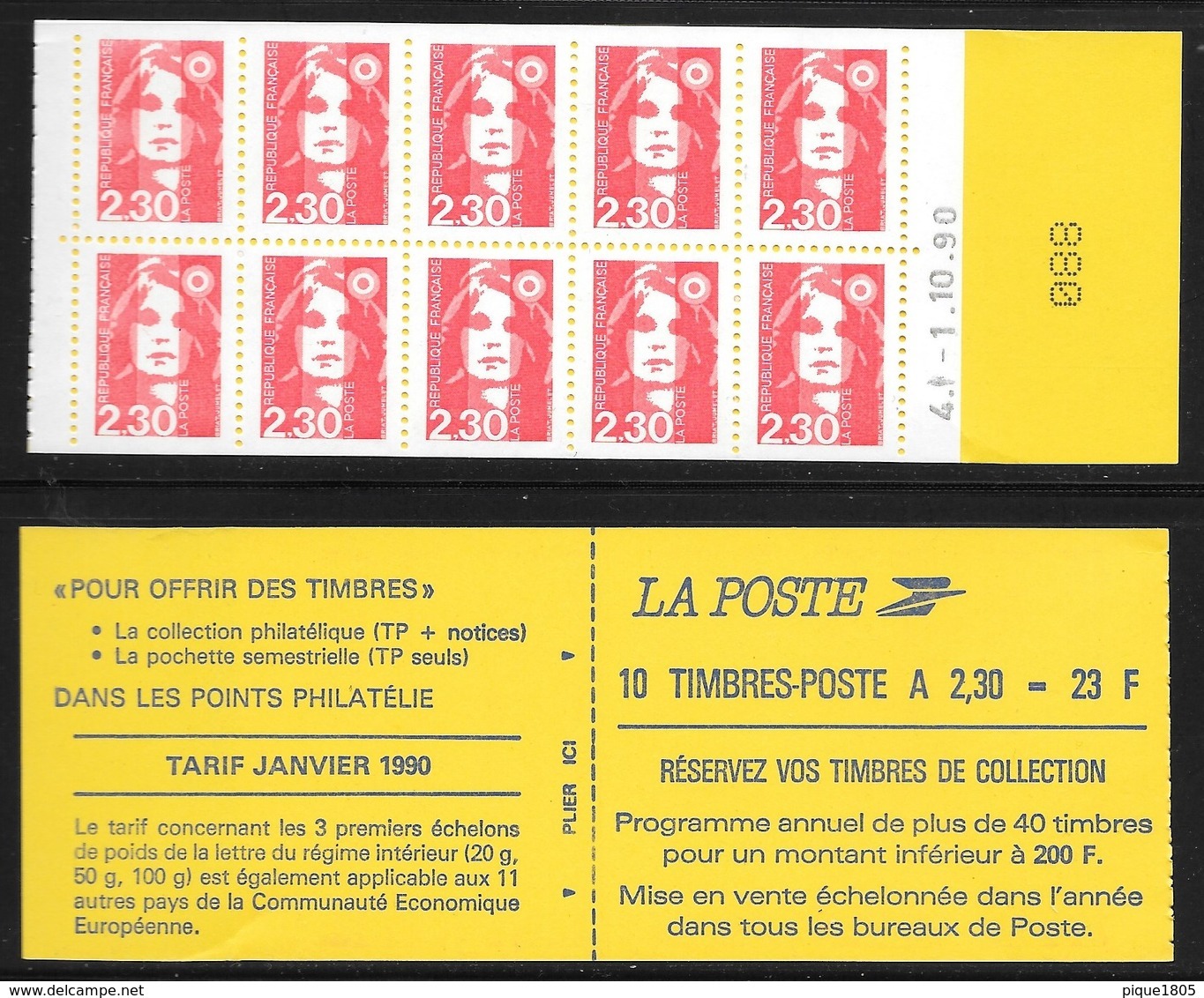 Carnet 2629-C1 Daté 1.10.90 Marianne De Briat 2,30 Rouge Réservez Vos Timbres - Autres & Non Classés