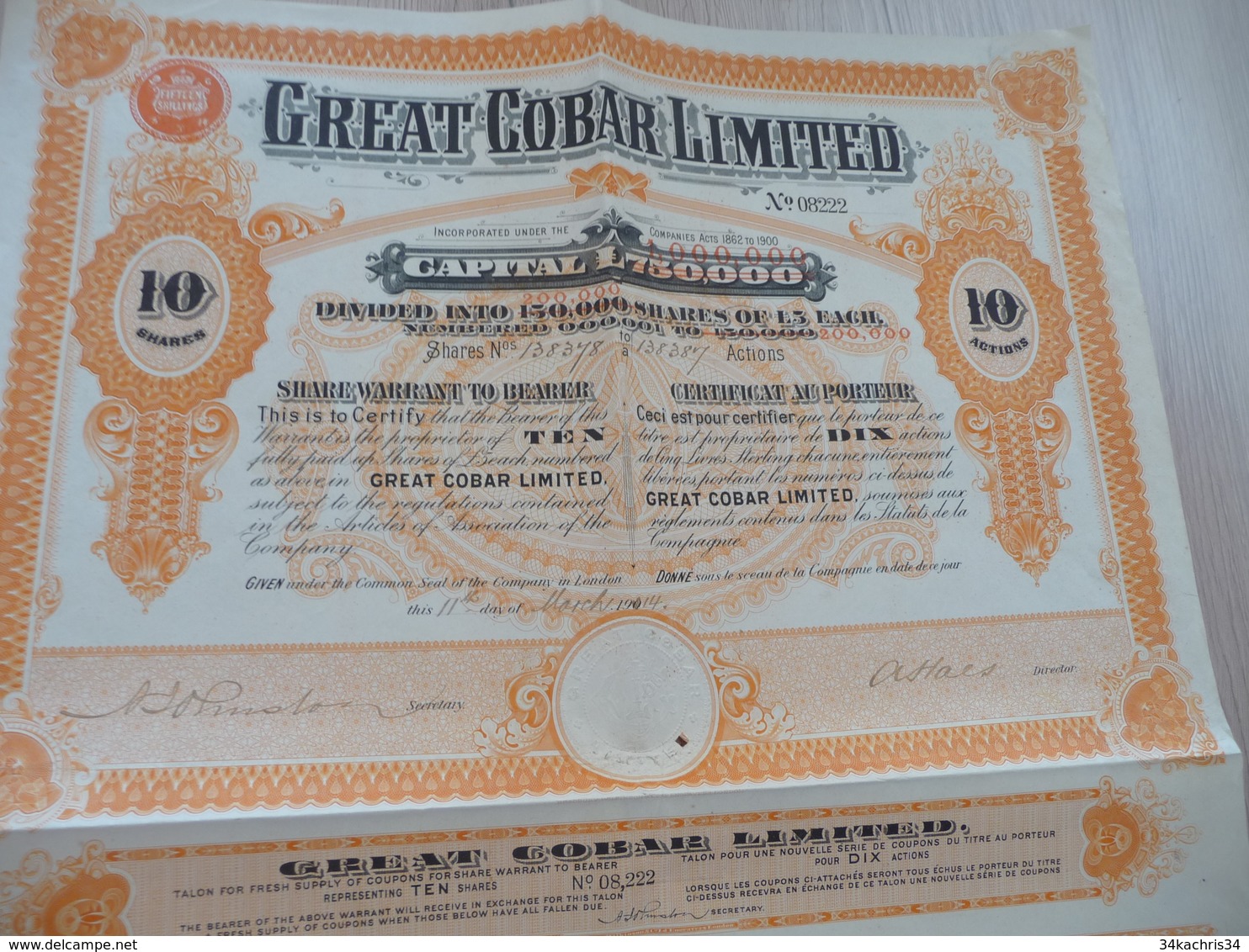 Action Certificat Au Porteur 10 Actions De 5 Livres Great Corporation Limited 1914 - Mines