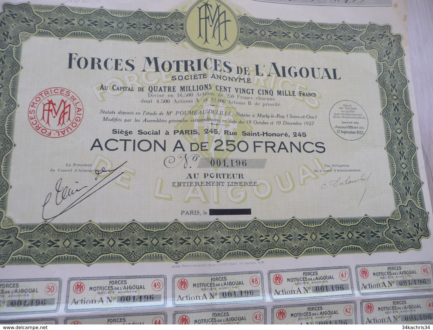 Action 250 Francs Au Porteur Forces Motrice De L'Aigoual 1927 - Industrie