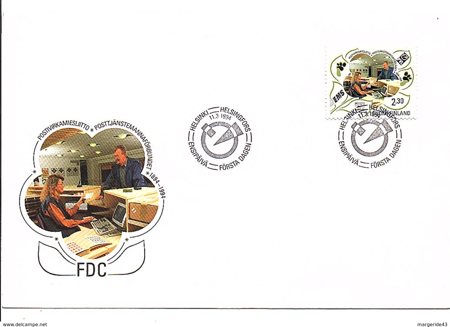 FINLANDE FDC 1994 CENTENAIRE FEDERATION DES FONCTIONNAIRES DES POSTES - Poste