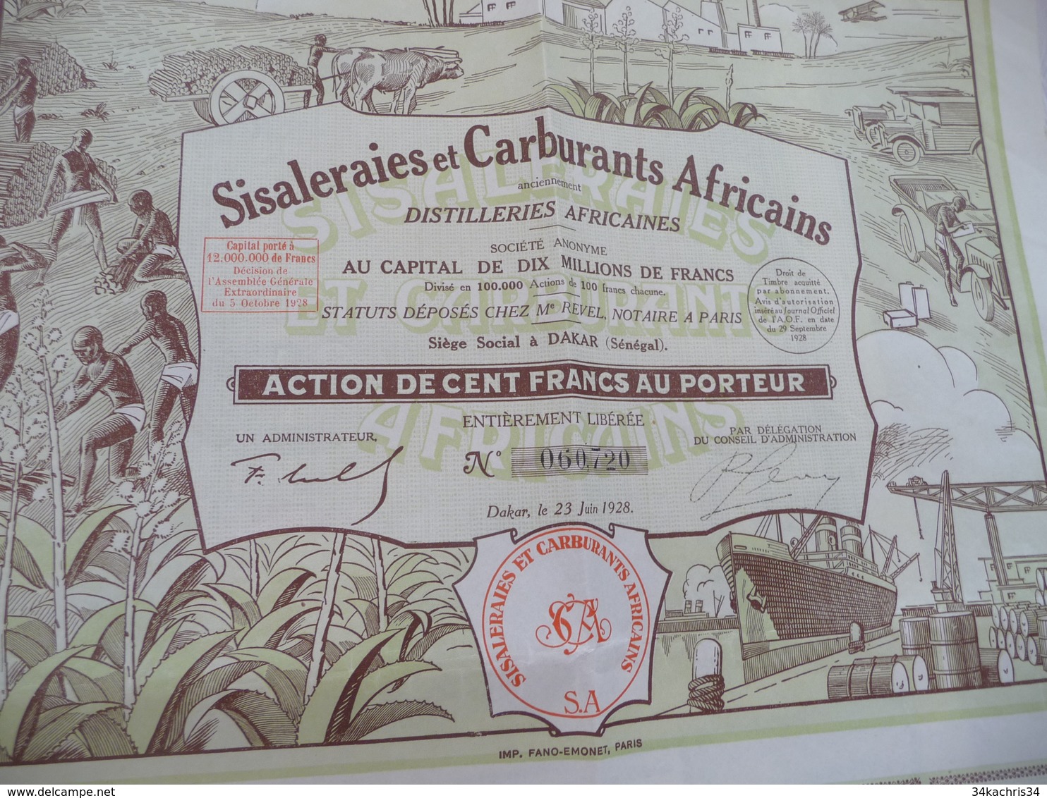 X 2 Action 100 Francs Au Porteur Sisaleraies Et Carburants Africains Dakar Sénégal - Afrique