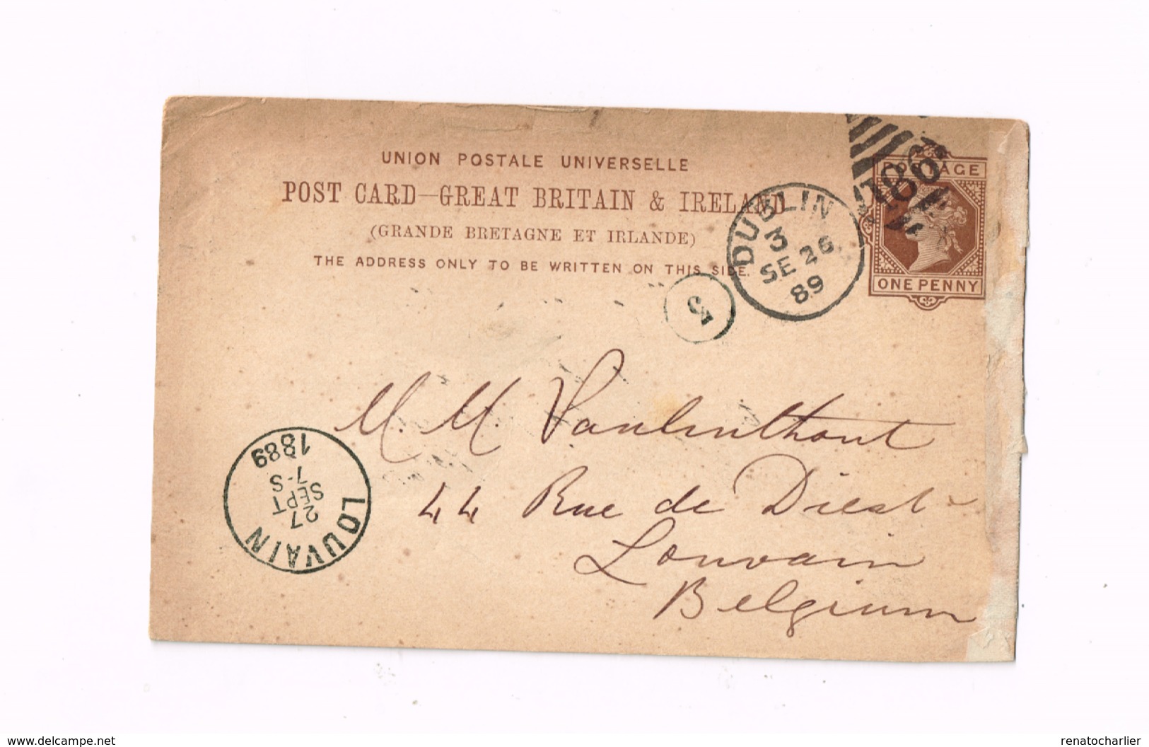 Entier Postal à 1 Penny. Expédié De Dublin à Louvain (Belgique) - Entiers Postaux