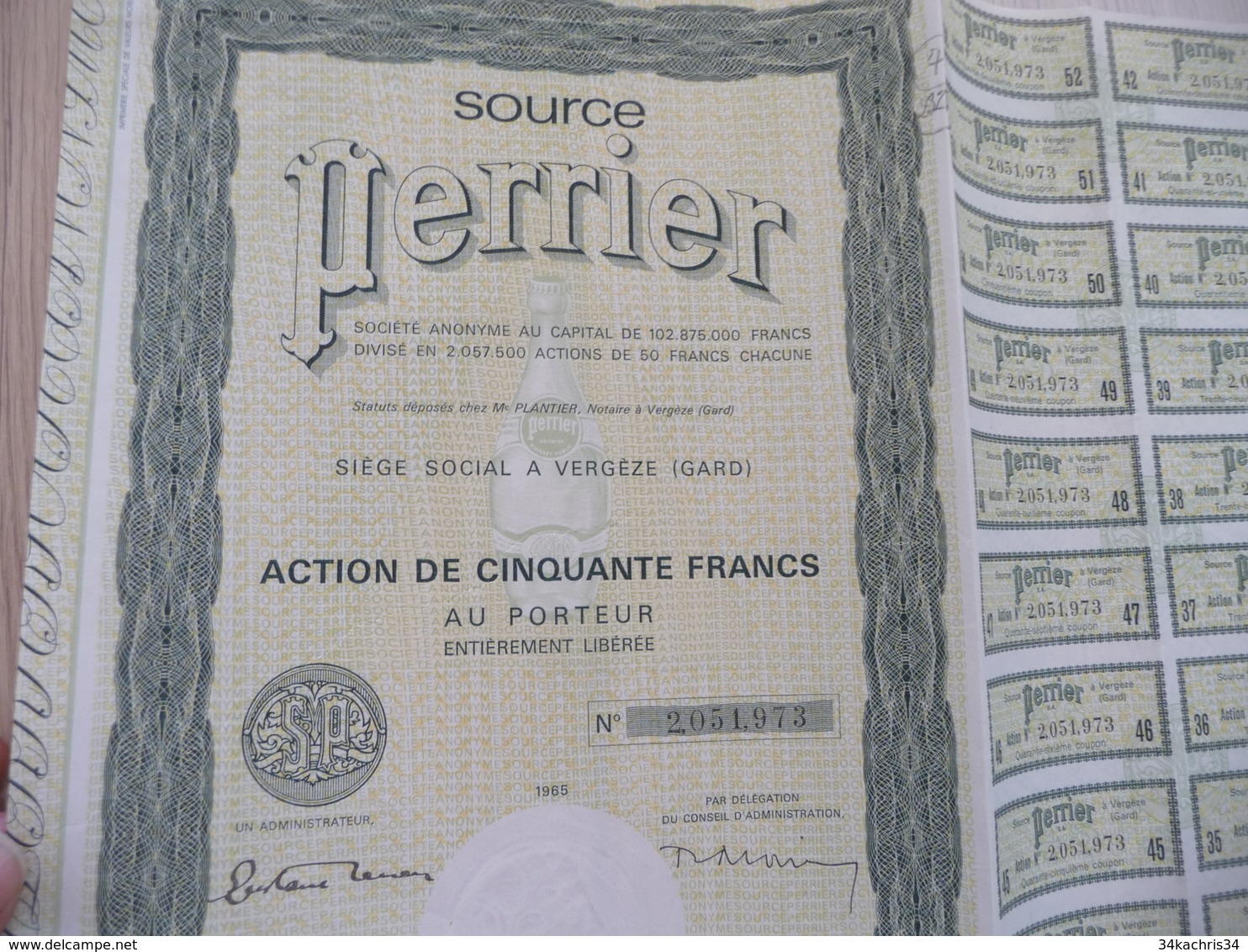 Action 50 Francs Source Perrier Vergèze Gard 1965 - Eau