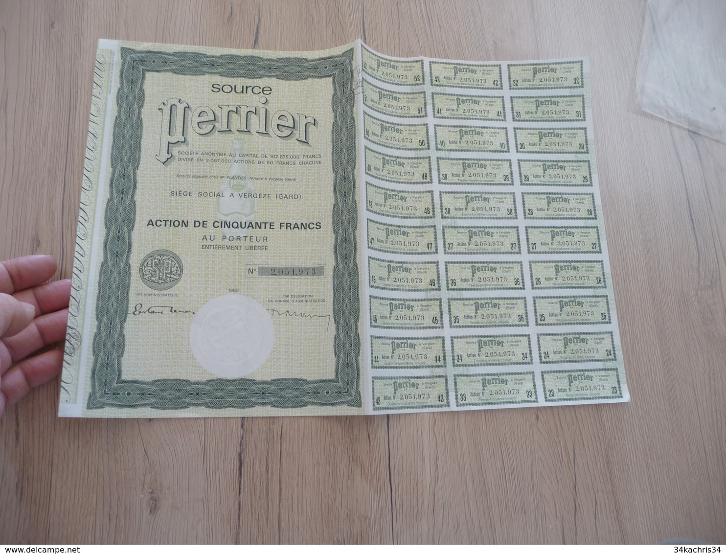 Action 50 Francs Source Perrier Vergèze Gard 1965 - Eau